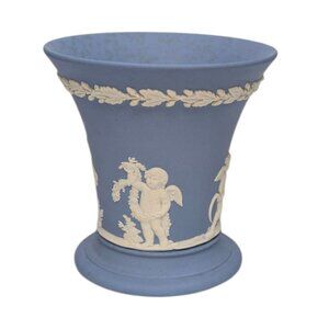 Vtg Wedgewood Jasperware Trumpet Vase Blue Neoclassical Raised Relief 3.5"